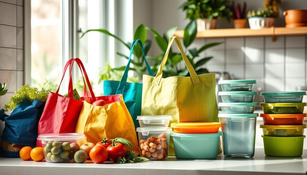 Reusable shopping bags and eco-friendly food storage containers