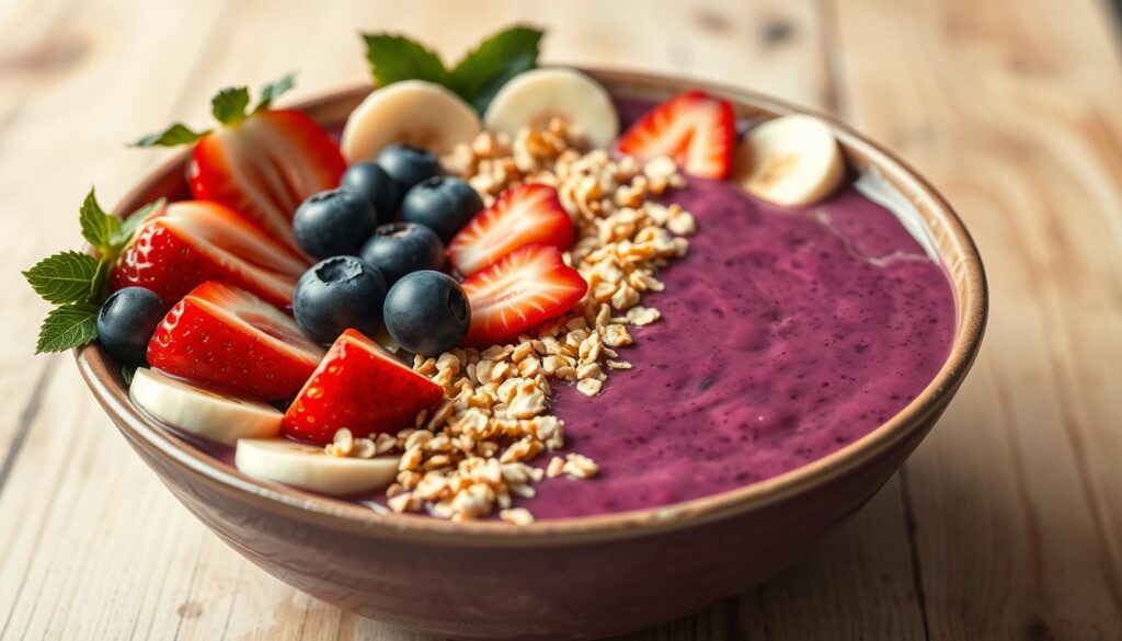 acai bowl topped with fresh fruit and granola