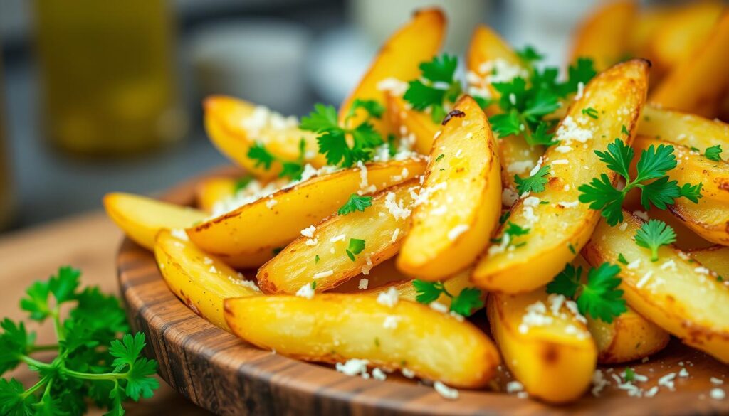 crispy potato wedges with parmesan cheese and fresh parsley