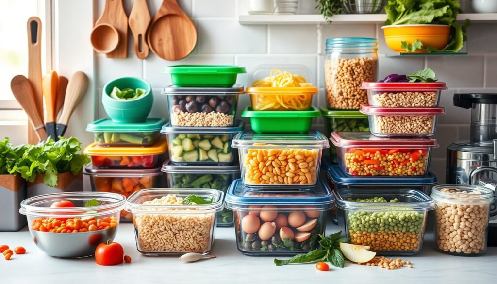 meal prep containers and kitchen gadgets for weekly vegan cooking