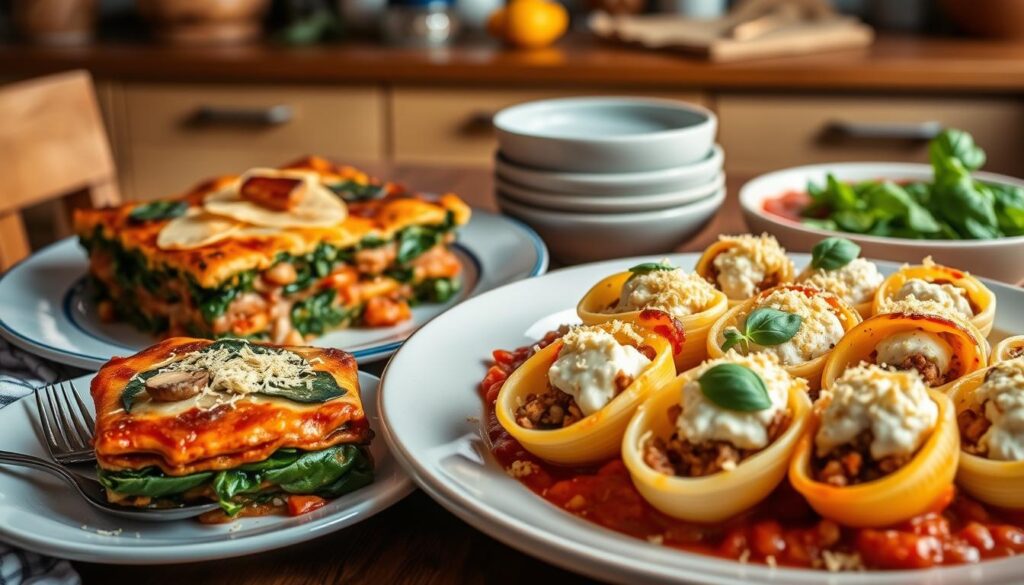 vegan lasagna and stuffed shells