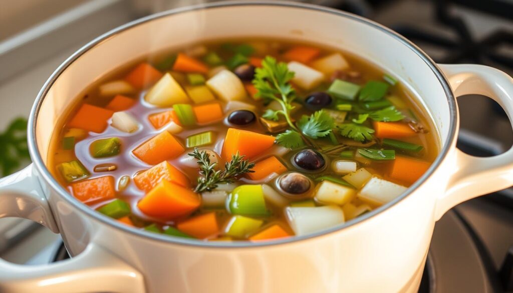 vegetable broth simmering with herbs and spices
